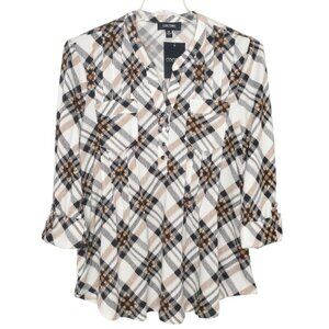 Cocomo Women's Size XL Ivory Tan Multi Tartan Plaid Print Pintuck 3/4 Sleeve Top